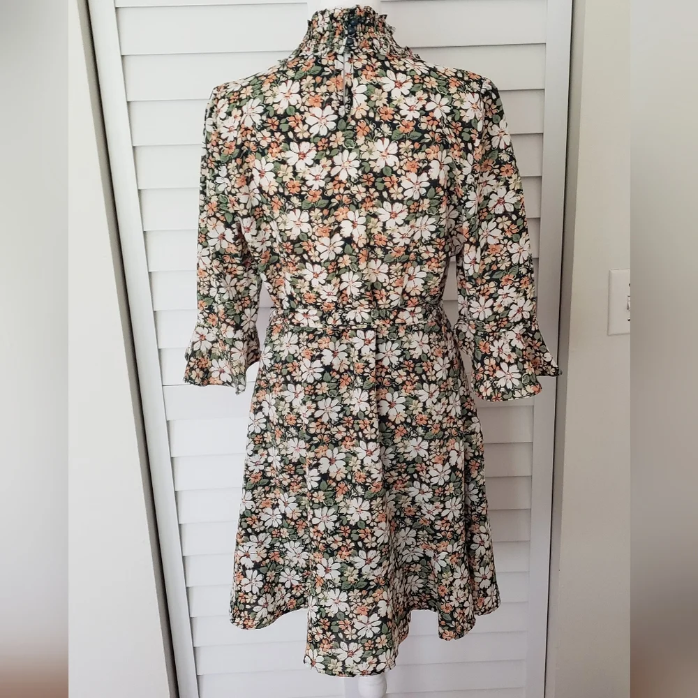 Allegra K Floral 3/4 Bell Sleeves Smocked Belted Flare Ruffle Dress Size S - Picture 7 of 16